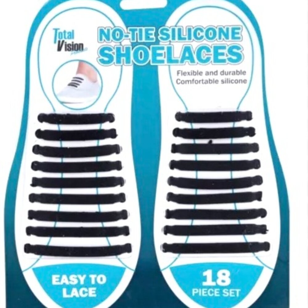 TOTAL VISION NO-TIE SILICONE SHOELACES BLACK 18- PC SET *NIP* UNISEX